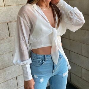 Olivaceous tie front sheer blouse with bralette attached- Size L